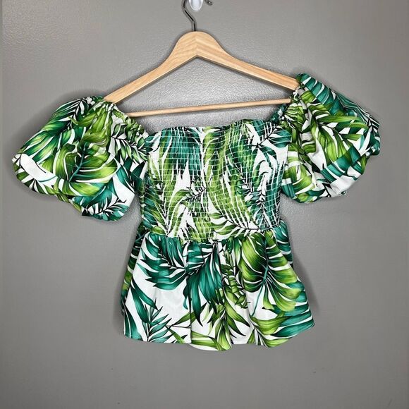 Autumn Adeigbo Marie’s blouse palm tree print smocked puff sleeves size 4 island - Picture 5 of 10